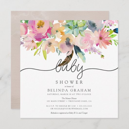 Invitations de douche pour bébé | Florales sucrées (Devant / Derrière)