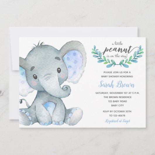 Invitations de douche pour bébé garçon (Elephant W (Devant)