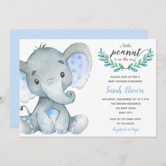 Invitations de douche pour bébé garçon (Elephant W (Devant / Derrière)