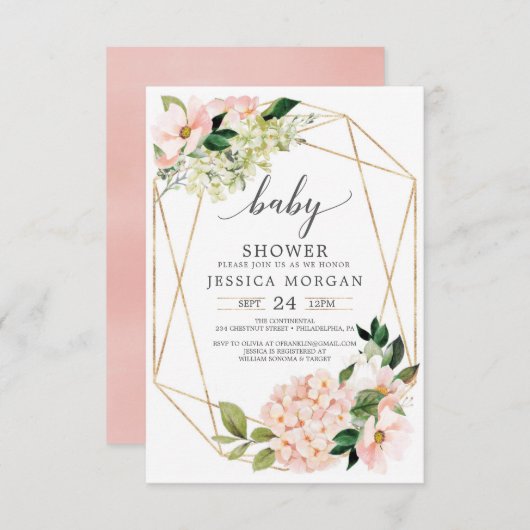Invitations de douche pour bébé Hydrangea Blush (Devant / Derrière)