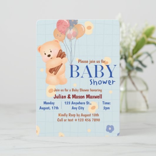 Invitations de douche pour bébé - Ours mignon beig (Debout devant)