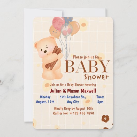 Invitations de douche pour bébé - Ours mignon beig (Dos)