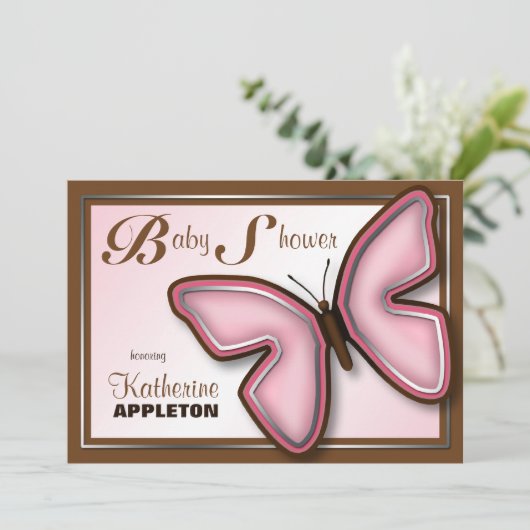 Invitations de douche pour bébé papillon rose et B (Debout devant)