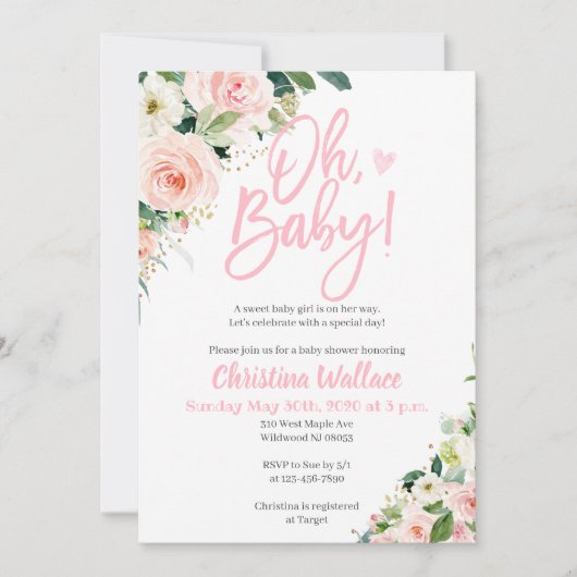 Invitations de douche pour bébé pour une fille ros (Devant)