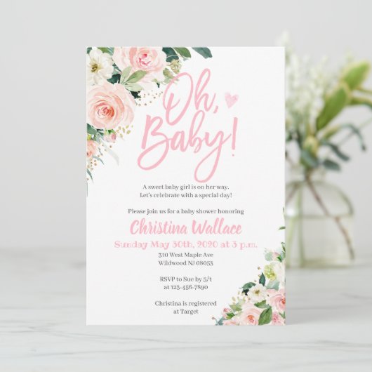 Invitations de douche pour bébé pour une fille ros (Debout devant)