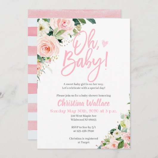 Invitations de douche pour bébé pour une fille ros (Devant / Derrière)