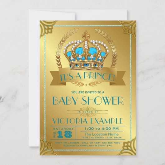 Invitations de douche pour bébé Prince turquoise e (Devant)