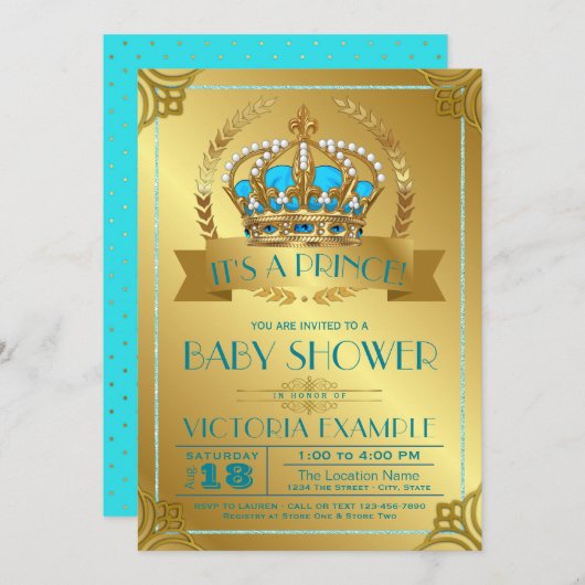 Invitations de douche pour bébé Prince turquoise e (Devant / Derrière)
