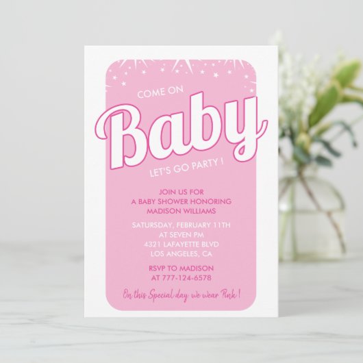 Invitations de douche pour bébé rose chaud typogra (Debout devant)