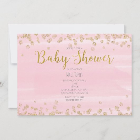 Invitations de douche pour bébé rose clair et or (Devant)