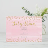 Invitations de douche pour bébé rose clair et or (Debout devant)