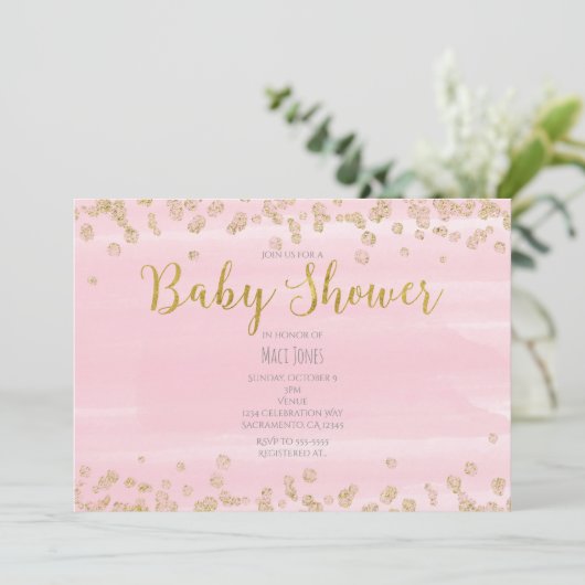 Invitations de douche pour bébé rose clair et or (Debout devant)