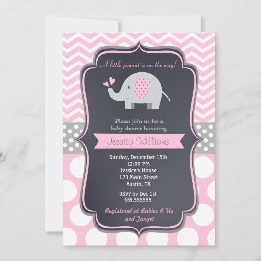 Invitations de douche pour bébé rose éléphant (Devant)