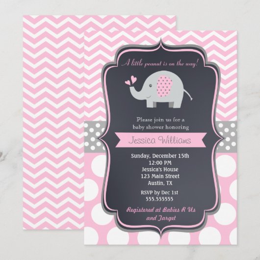 Invitations de douche pour bébé rose éléphant (Devant / Derrière)