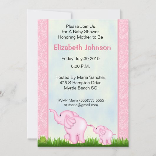 Invitations de douche pour bébé rose éléphant (Devant)