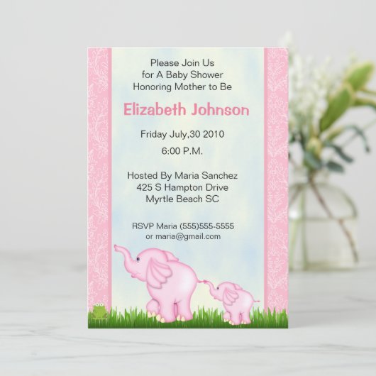 Invitations de douche pour bébé rose éléphant (Debout devant)