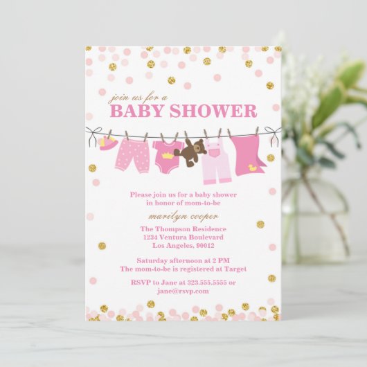 Invitations de douche pour bébé rose et or (Debout devant)