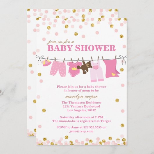 Invitations de douche pour bébé rose et or (Devant / Derrière)