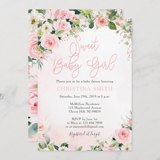Invitations de douche pour bébé rose floral (Devant / Derrière)