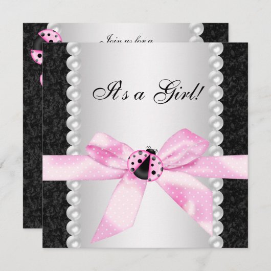 Invitations de douche pour bébé rose Ladybug (Devant / Derrière)