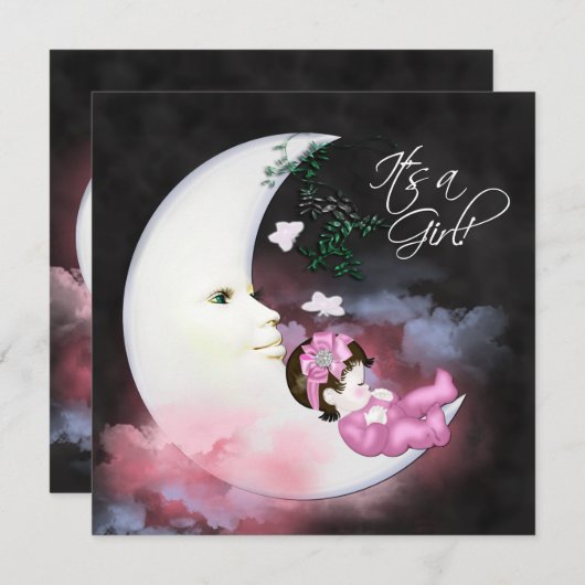 Invitations de douche pour bébé rose lune (Devant / Derrière)