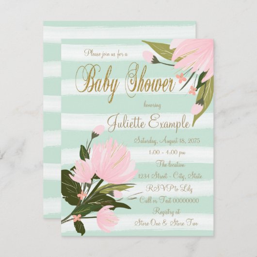 Invitations de douche pour bébé rose Mint or (Devant / Derrière)