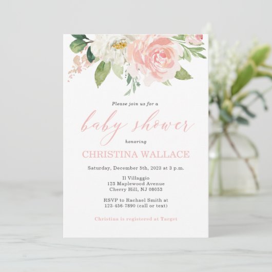 Invitations de douche pour bébé rose pâle (Debout devant)