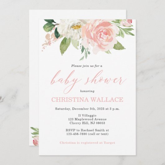 Invitations de douche pour bébé rose pâle (Devant / Derrière)