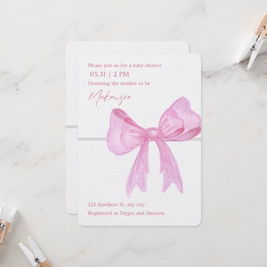 Invitations de douche pour bébé rose ruban (Devant/Arrière en situation)
