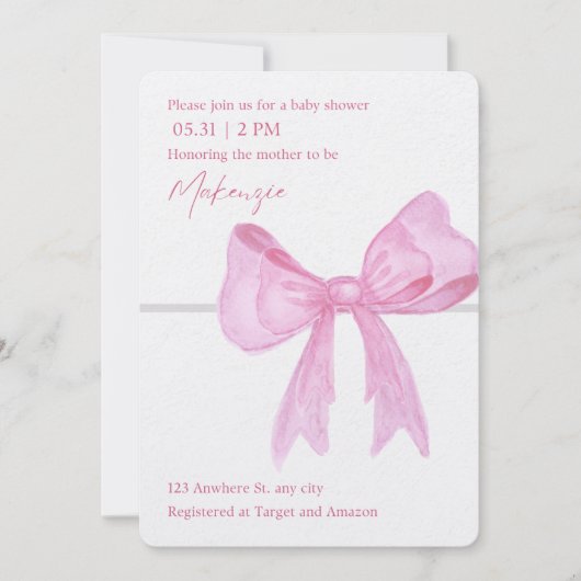 Invitations de douche pour bébé rose ruban (Devant)