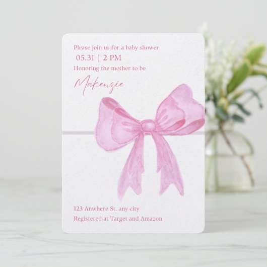 Invitations de douche pour bébé rose ruban (Debout devant)