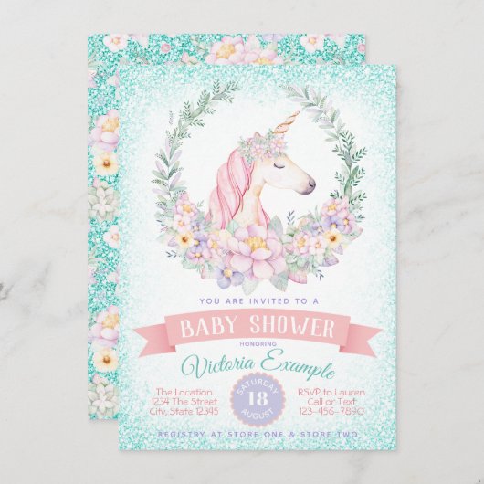 Invitations de douche pour bébé rose Turquoise Uni (Devant / Derrière)