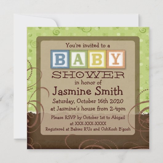Invitations de douche pour bébé vert neutre (Devant)