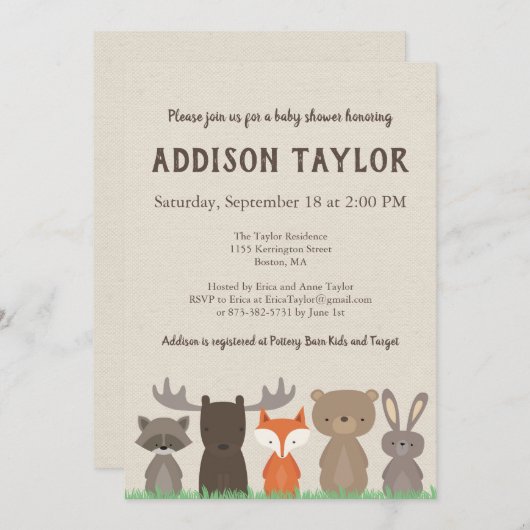 Invitations de douche pour bébé Woodland (Devant / Derrière)