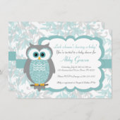 Invitations de douche pour bébés Hibou, Aqua, Grey (Devant / Derrière)