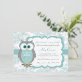 Invitations de douche pour bébés Hibou, Aqua, Grey (Debout devant)