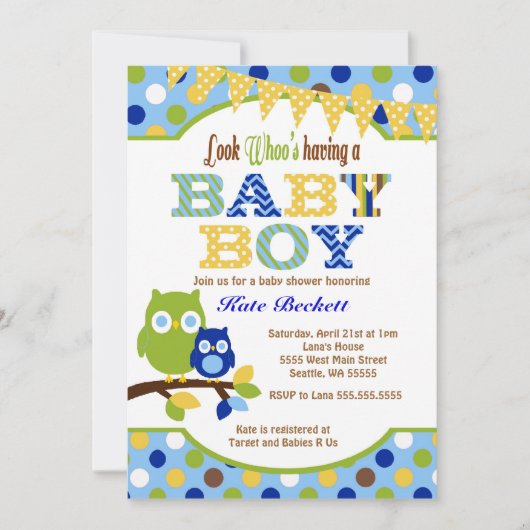 Invitations de douche pour bébés Owl Baby Boy (Devant)