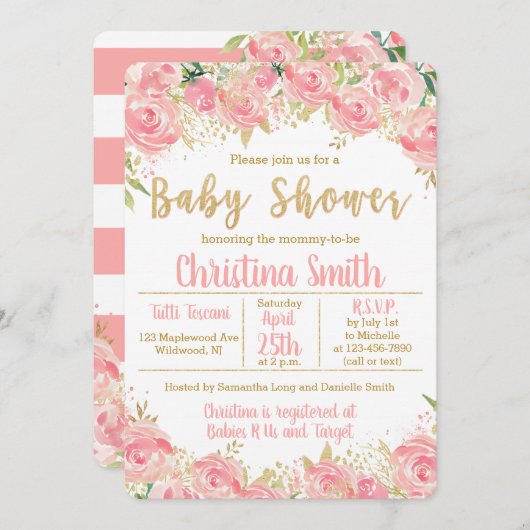 Invitations de douche pour bébés rose et or pour l (Devant / Derrière)