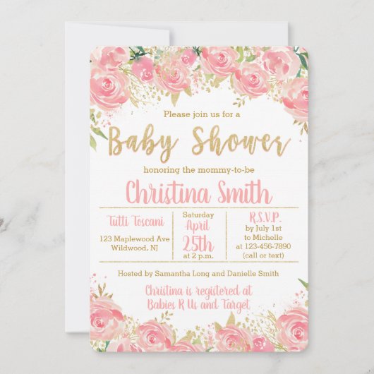 Invitations de douche pour bébés rose et or pour l (Devant)