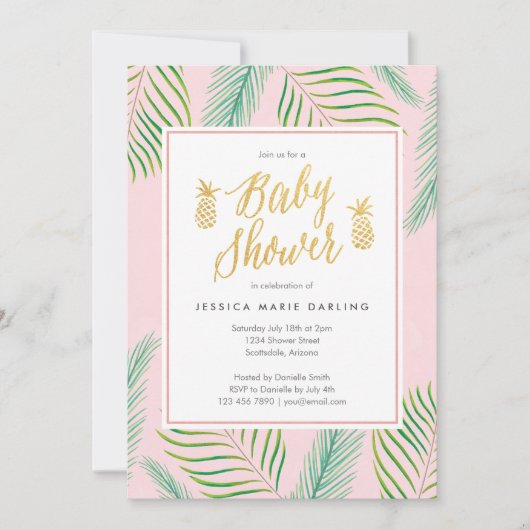 Invitations de douche tropicale pour bébés en rose (Devant)