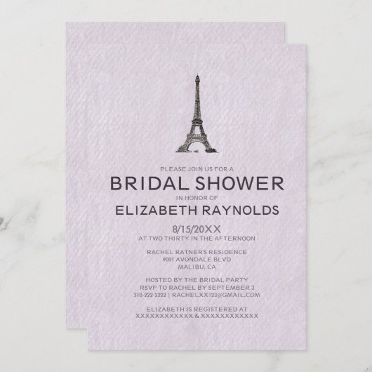 Invitations de douches nuptiales à Paris (Devant / Derrière)