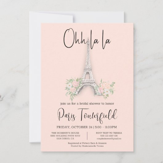 Invitations de douches nuptiales à thème Paris (Devant)