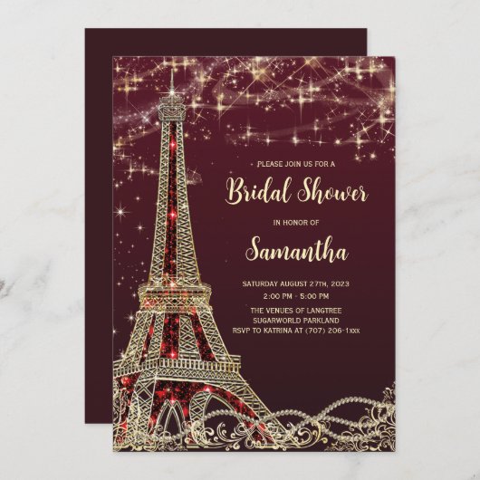 Invitations de douches nuptiales à thème Paris (Devant / Derrière)