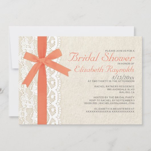 Invitations de douches nuptiales Coral Bow et Lace (Devant)