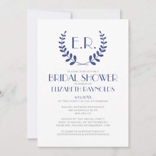 Invitations de douches nuptiales de Monogramme ble (Devant)