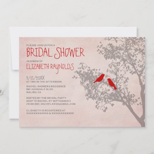 Invitations de douches nuptiales des oiseaux rouge (Devant)