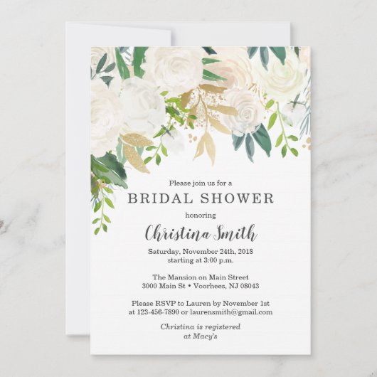 Invitations de douches nuptiales florales blanches (Devant)