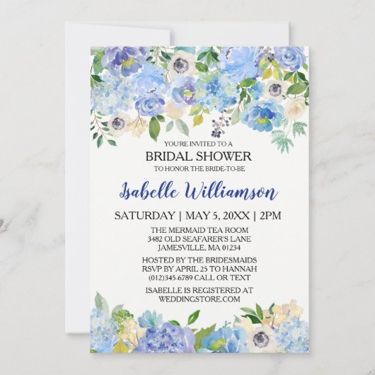 Invitations de douches nuptiales florales bleues e (Devant)