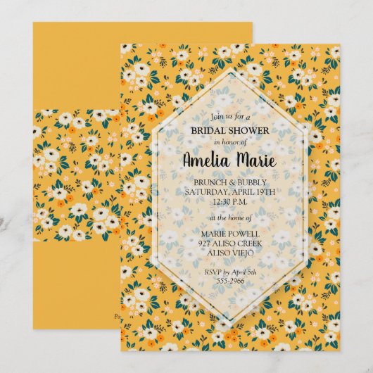 Invitations de douches nuptiales florales en or bl (Devant / Derrière)