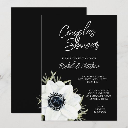 Invitations de douches nuptiales florales noires e (Devant / Derrière)
